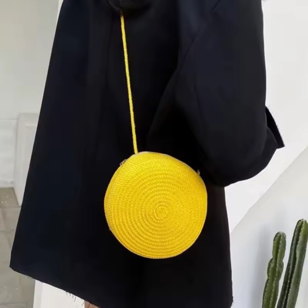 Round Yellow Woven Straw Raffia Round Crossbody Bag Purse Summer Handbag Bright - Picture 6 of 7
